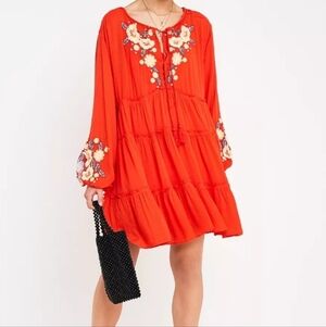 Free People Spell On You Poppy Red Floral Embroidered Peasant Dress Medium